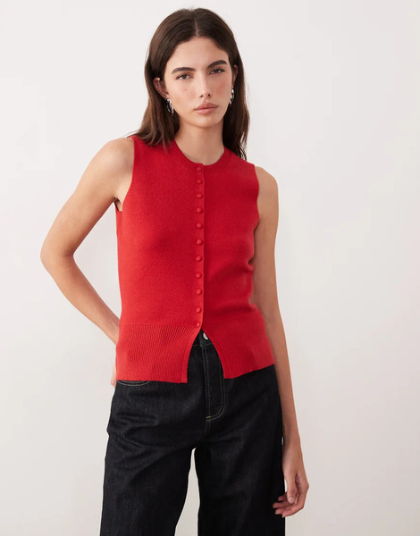  Threadbare Crew Neck Cardigan Vest In Red Brown 