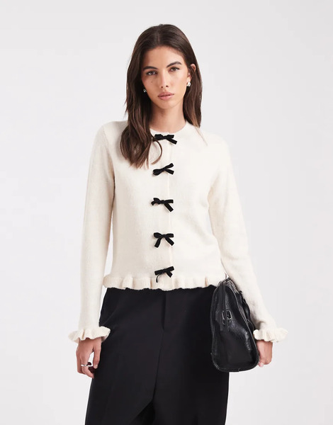  Threadbare Crew Neck Cardigan With Flutter Sleeve And Bow Detail In Ecru White 