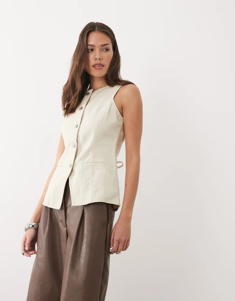  Threadbare Crew Neck Denim Waistcoat In Ecru White 