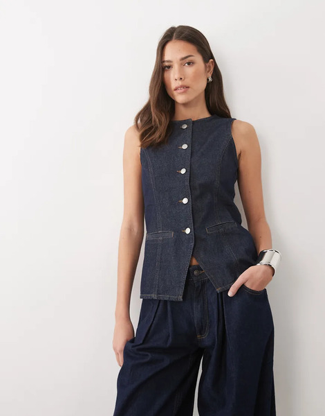  Threadbare Crew Neck Denim Waistcoat In Indigo Blue Navy 