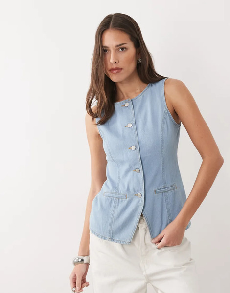  Threadbare Crew Neck Denim Waistcoat In Light Wash Blue 