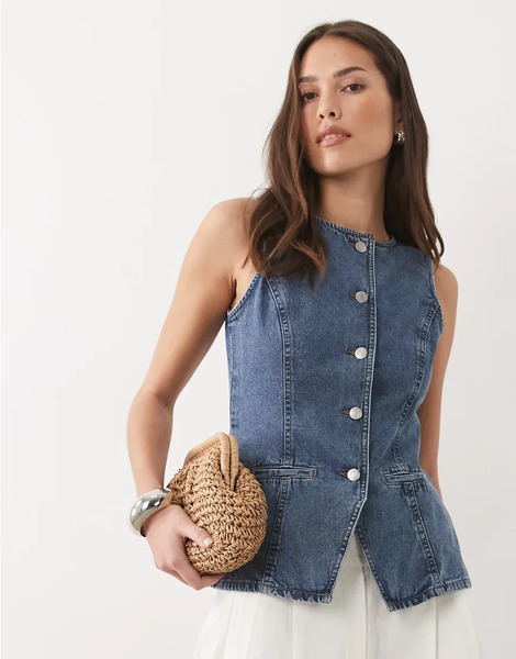  Threadbare Crew Neck Denim Waistcoat In Mid Wash Blue 