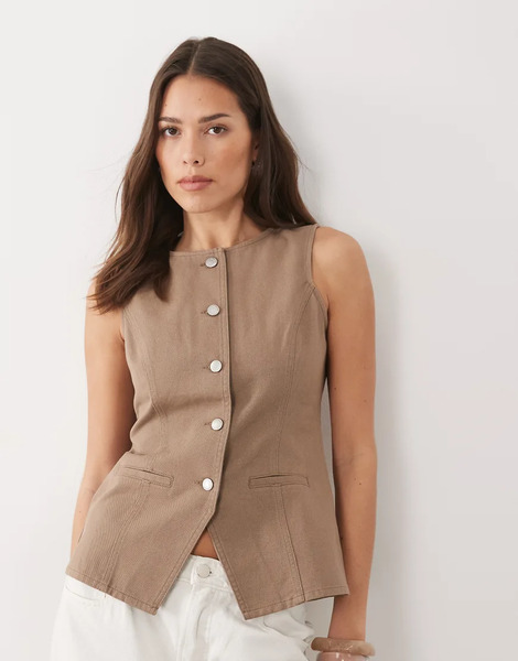  Threadbare Crew Neck Denim Waistcoat In Mocha Brown 