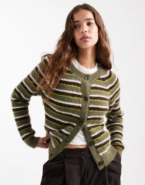  Threadbare Crew Neck Fluffy Cardigan In Green Stripe 