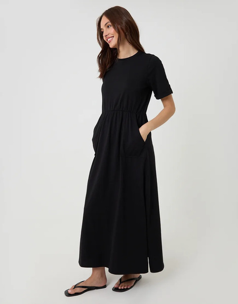  Threadbare Crew Neck Jersey Midi Dress With Patch Pockets In Black 
