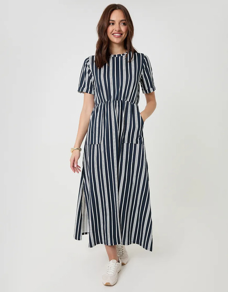  Threadbare Crew Neck Jersey Midi Dress With Patch Pockets In Navy Blue 