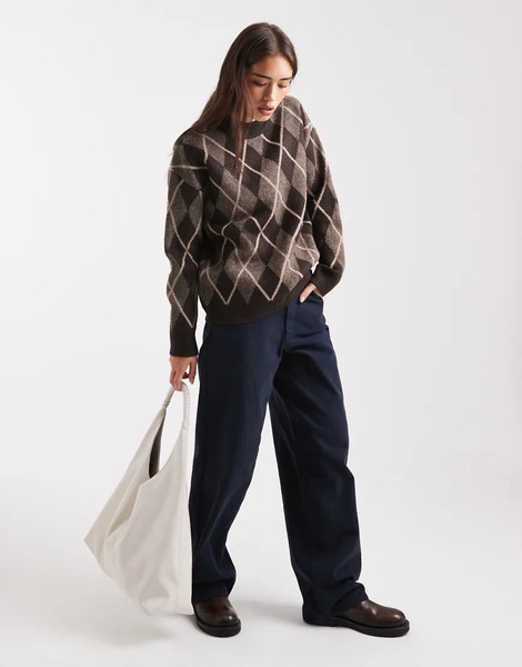  Threadbare Crew Neck Jumper In Brown Argyle 