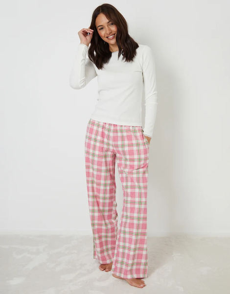  Threadbare Crew Neck Long Sleeve Check Pyjamas In Pink 