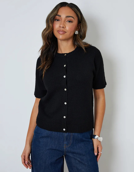  Threadbare Crew Neck Short Sleeve Knitted Cardigan In Black 
