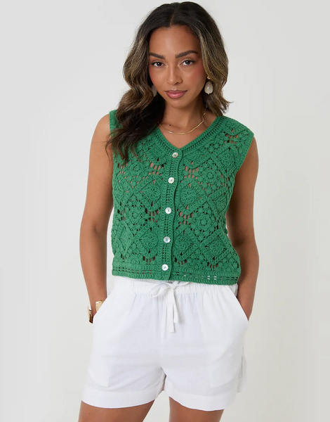 Threadbare Crochet Button Up Vest In Green 