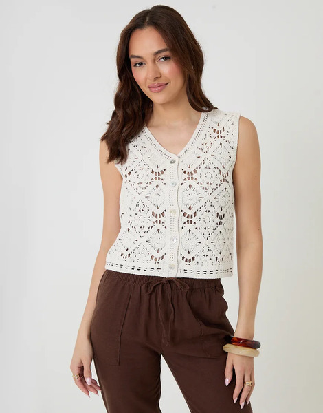  Threadbare Crochet Button Up Vest In White 