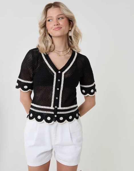  Threadbare Crochet Flower Hem Button Up Top In Black 