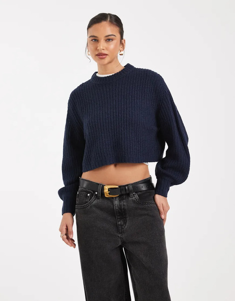  Threadbare Cropped Knitted Rib Crew Neck Jumper In Navy 