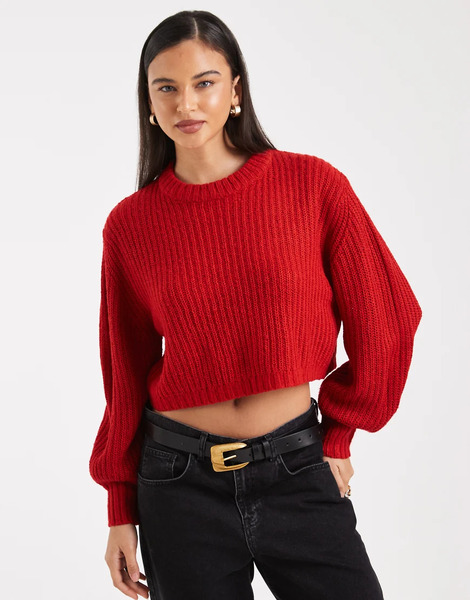  Threadbare Cropped Knitted Rib Crew Neck Jumper In Red 