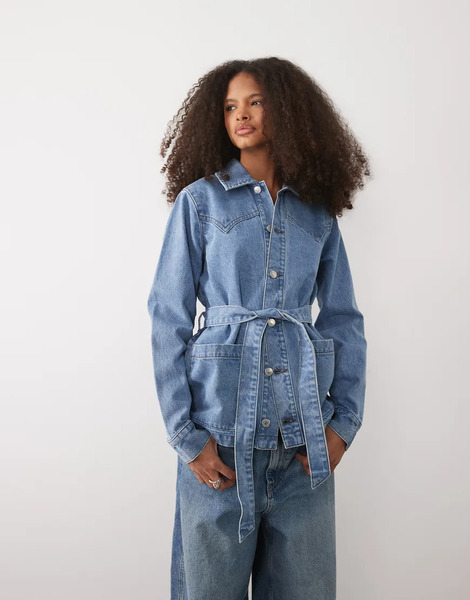  Threadbare Denim Jacket With Tie Waist Belt In Mid Wash Blue 