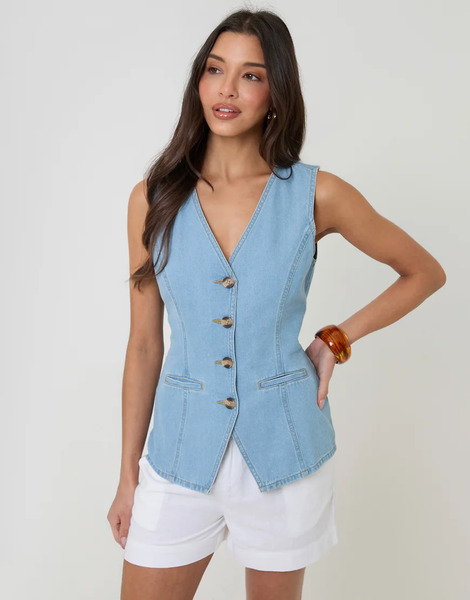  Threadbare Denim Longline V Neck Waistcoat In Light Blue 