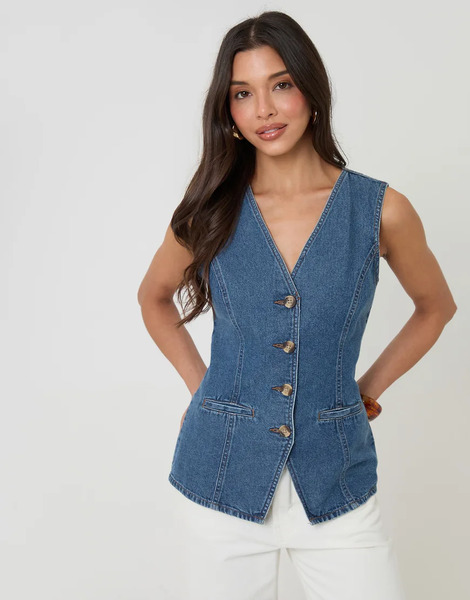  Threadbare Denim Longline V Neck Waistcoat In Mid Blue 
