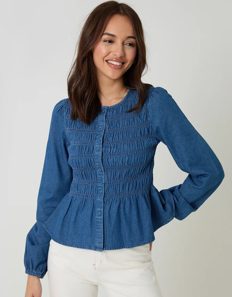  Threadbare Denim Shirred Smock Blouse In Mid Blue 