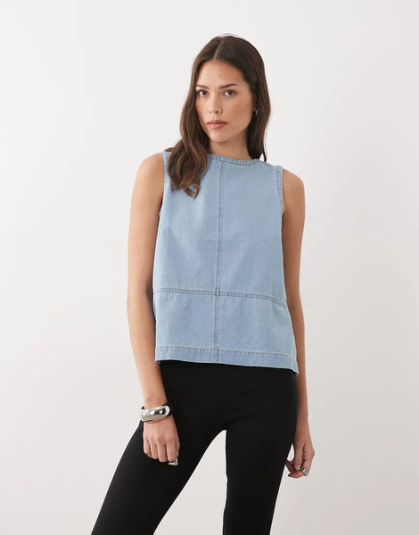  Threadbare Denim Sleeveless Top In Mid Wash Blue 