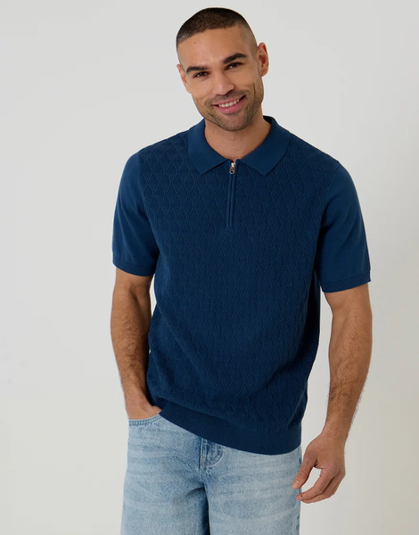  Threadbare Diamond Cable Knit Quarter Zip Polo In Blue 