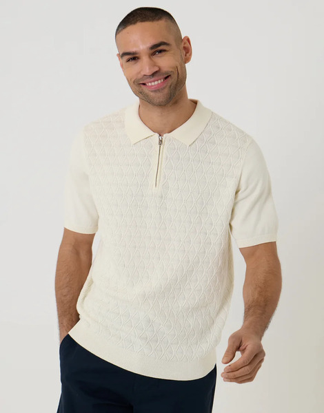  Threadbare Diamond Cable Knit Quarter Zip Polo In Natural Neutral 