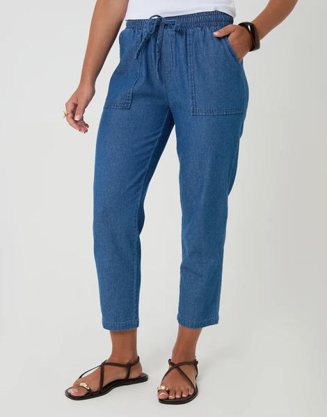  Threadbare Drawstring Waist Barrel Leg Jeans In Mid Blue 