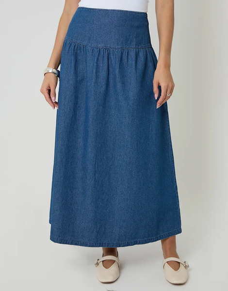  Threadbare Dropped Waist Denim Maxi Skirt In Mid Blue 