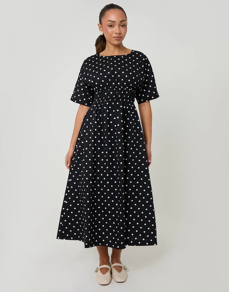  Threadbare Elasticated Waist Polka Dot Poplin Midi Dress In Black 