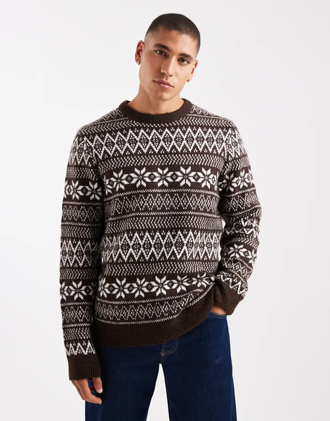  Threadbare Fairisle Print Crew Neck Jumper In Chocolate Brown 