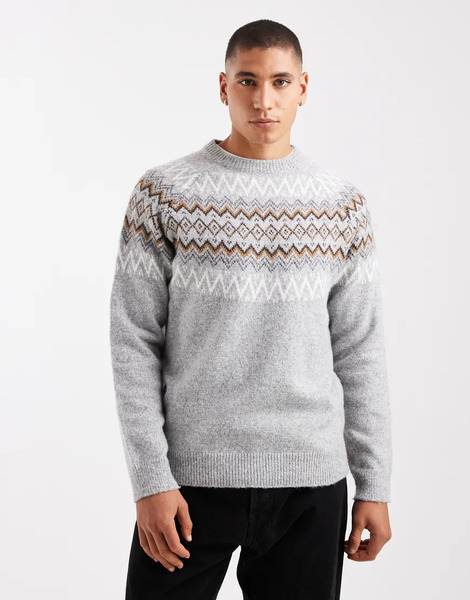  Threadbare Fairisle Print Crew Neck Jumper In Light Grey 