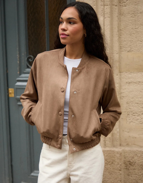  Threadbare Faux Suede Bomber Jacket In Taupe Neutral 