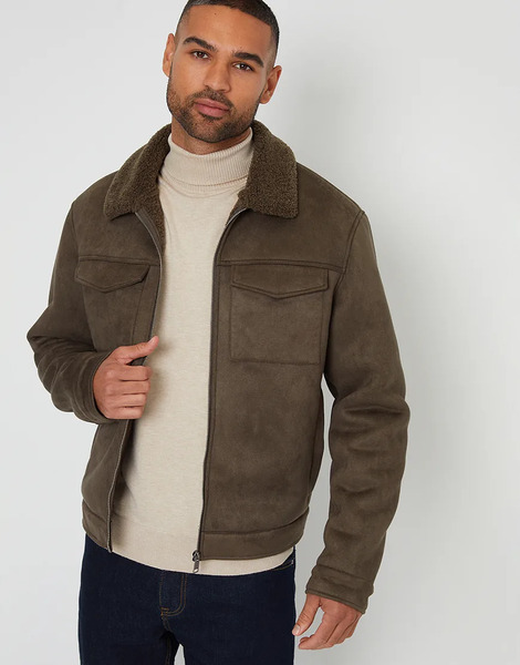  Threadbare Faux Suede Borg Lined Aviator Jacket In Khaki Green 