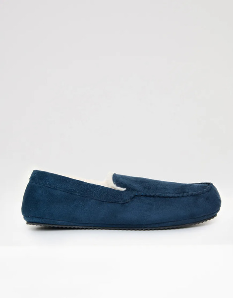  Threadbare Faux Suede Faux Fur Lined Moccasin Slippers In Navy 
