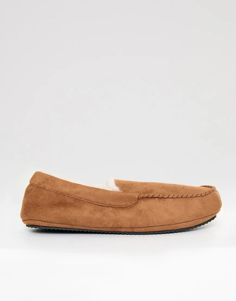  Threadbare Faux Suede Faux Fur Lined Moccasin Slippers In Tan Brown 