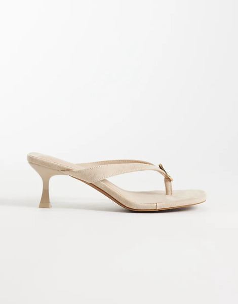  Threadbare Faux Suede Toe Thong Kitten Heels With Gold Hardware In Ecru White 