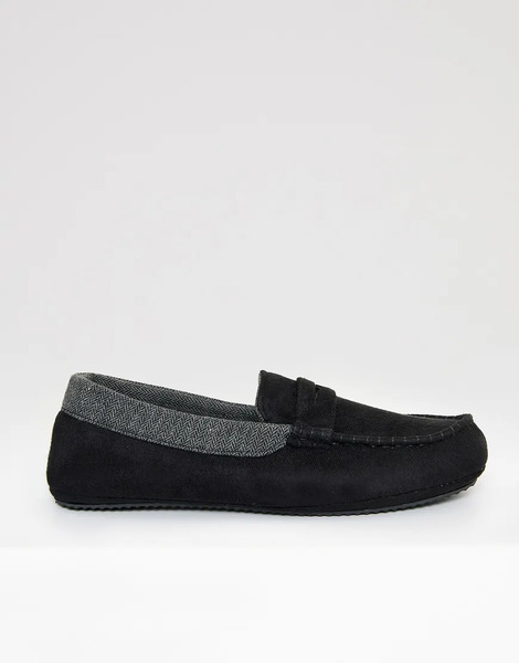  Threadbare Faux Suede Trim Moccasin Slippers In Black 