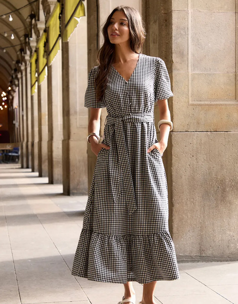 Threadbare Gingham Tiered Hem Puff Sleeve Maxi Dress In Black 