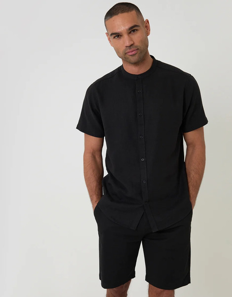  Threadbare Grandad Collar Linen Blend Short Sleeve Shirt In Black 