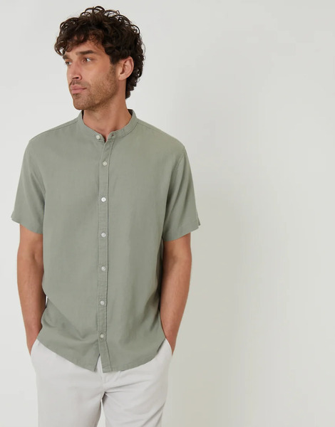  Threadbare Grandad Collar Linen Blend Short Sleeve Shirt In Pale Green 