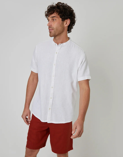  Threadbare Grandad Collar Linen Blend Short Sleeve Shirt In White 