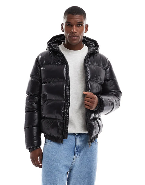  Threadbare High Shine Hooded Puffer Jacket In Black 