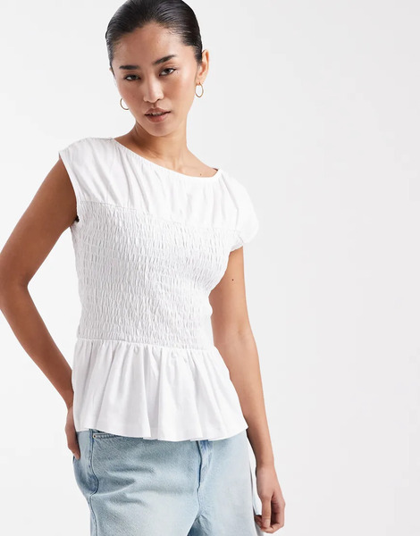  Threadbare Jersey Cap Sleeve Shirred Top In White 