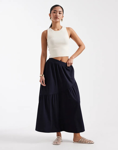  Threadbare Jersey Midi Skirt With Asymmetric Tier In Navy 