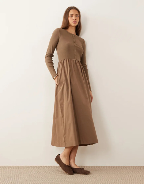  Threadbare Jersey Poplin Mix Midi Dress With Button Through Top In Mocha Brown 