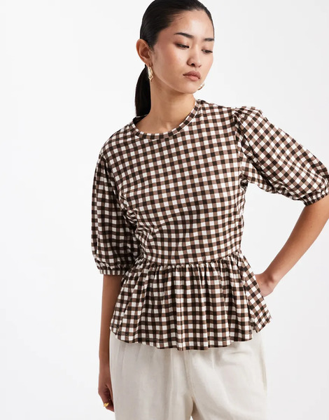  Threadbare Jersey Puff Sleeve Peplum Top In Brown Gingham Print 