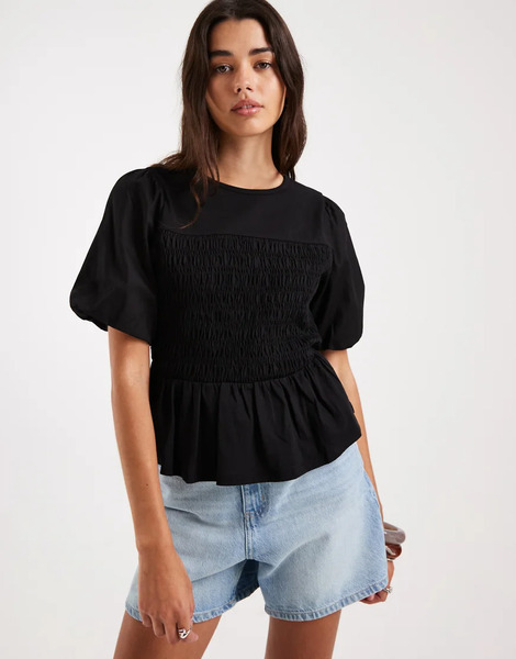  Threadbare Jersey Puff Sleeve Peplum Top With Shirring In Black 