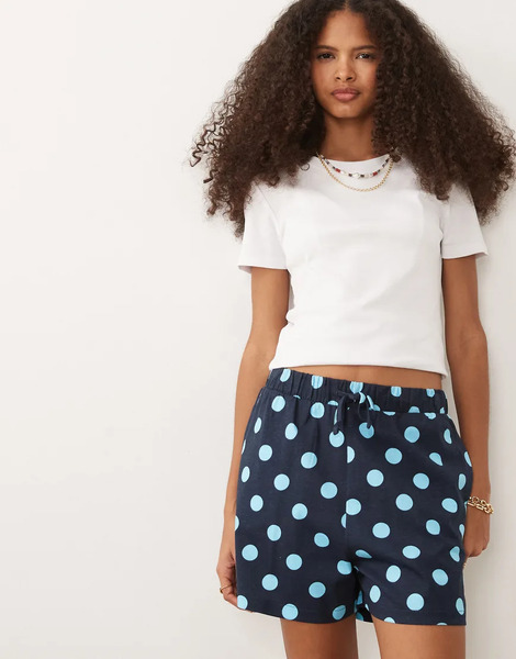  Threadbare Jersey Pull On Shorts With Drawstring In Navy And Blue Polka Dot Print 