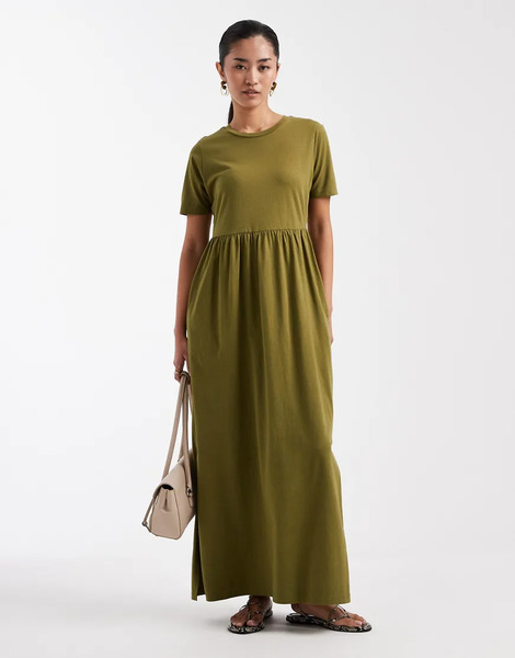  Threadbare Jersey Short Sleeve Maxi Dress In Khaki Green 
