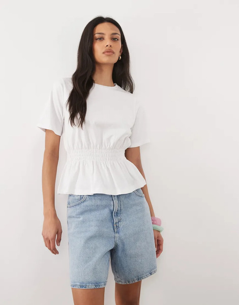 Threadbare Jersey Short Sleeve Peplum Top In White 