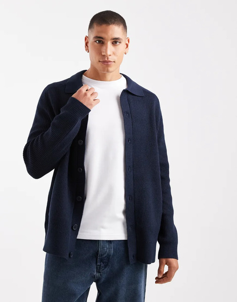  Threadbare Knitted Button Down Cardigan With Collar In Navy 